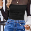 Black Sheer Mesh Patchwork High Neck Long Sleeve Top