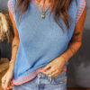 Sky Blue Contrast Trim Round Neck Sleeveless Sweater