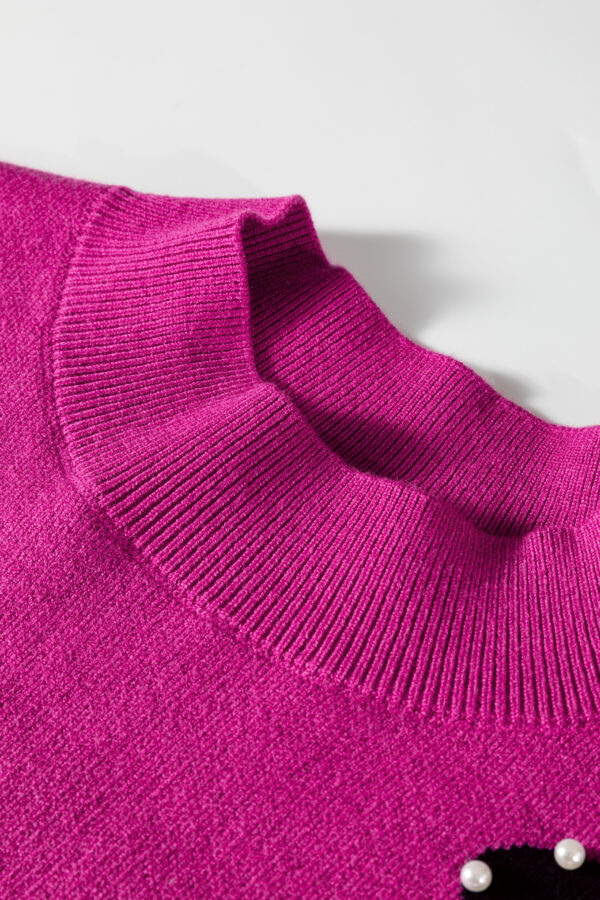 Smoke Gray Pearl Embellished Bow Pattern Loose Sweater