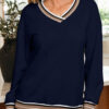 Navy Blue Varsity Contrast Striped Trim V Neck Sweatshirt