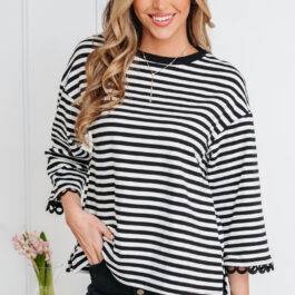 Black Striped Print Drop Shoulder Lace Trim Bracelet Sleeve Loose Top