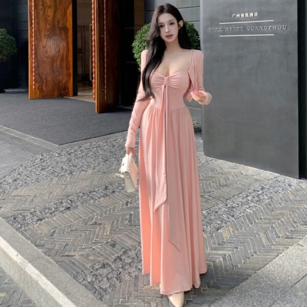 French Style Pure Seductive Pink Strapless Dress for Women, Autumn Winter Cardigan Matching Long Dress Set