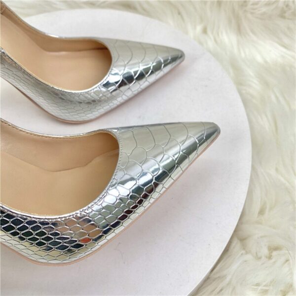 Silver Embossed Crocodile Effect Women Sexy Pointy Toe High Heel