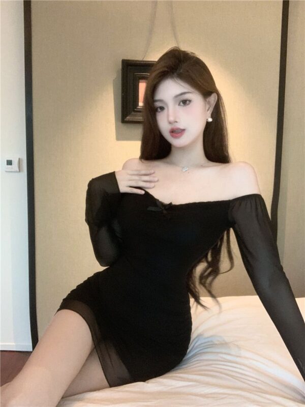 Sensual Sheer Long Sleeve Dress for Women, Early Autumn Lace Trim Purple Sexy Fitted Bodycon Mini Dress