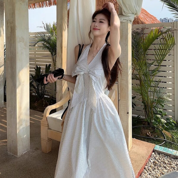 Gentle Style Striped Bow Neckline V-Neck Dress for Women, Summer Beach Vacation A-Line Dress, French Chic Long Dress