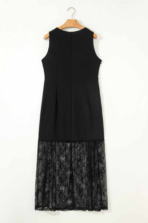 Black Solid Color Sleeveless Sheer Floral Lace Patchwork Long Dress