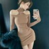 Sexy Autumn/Winter Black Slim Fit Bodycon Dress with Off-Shoulder Choker Long Sleeve Underwear Dress
