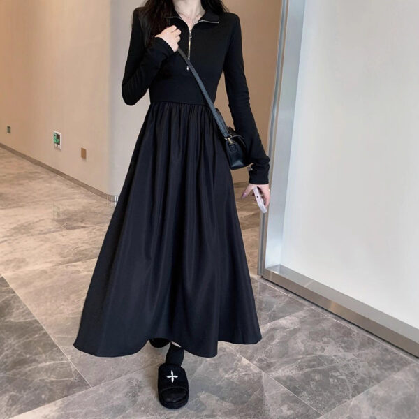 Hepburn Style Black Dress for Women Long Sleeve Fitted Slimming V-Neck Elegant Long Dress