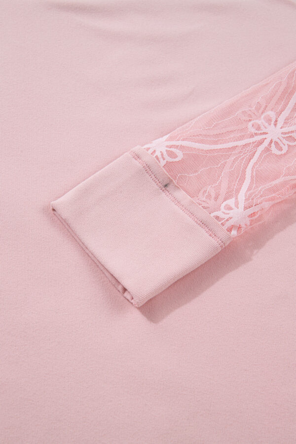 Light Pink Solid Color Bow Textured Patchwork Long Sleeve Tee