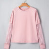 Light Pink Solid Color Bow Textured Patchwork Long Sleeve Tee