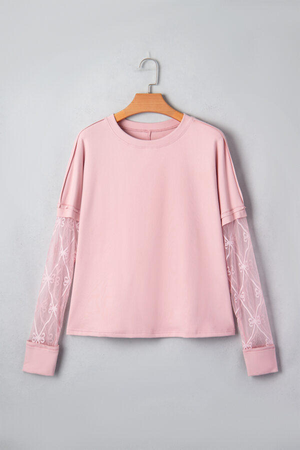 Light Pink Solid Color Bow Textured Patchwork Long Sleeve Tee