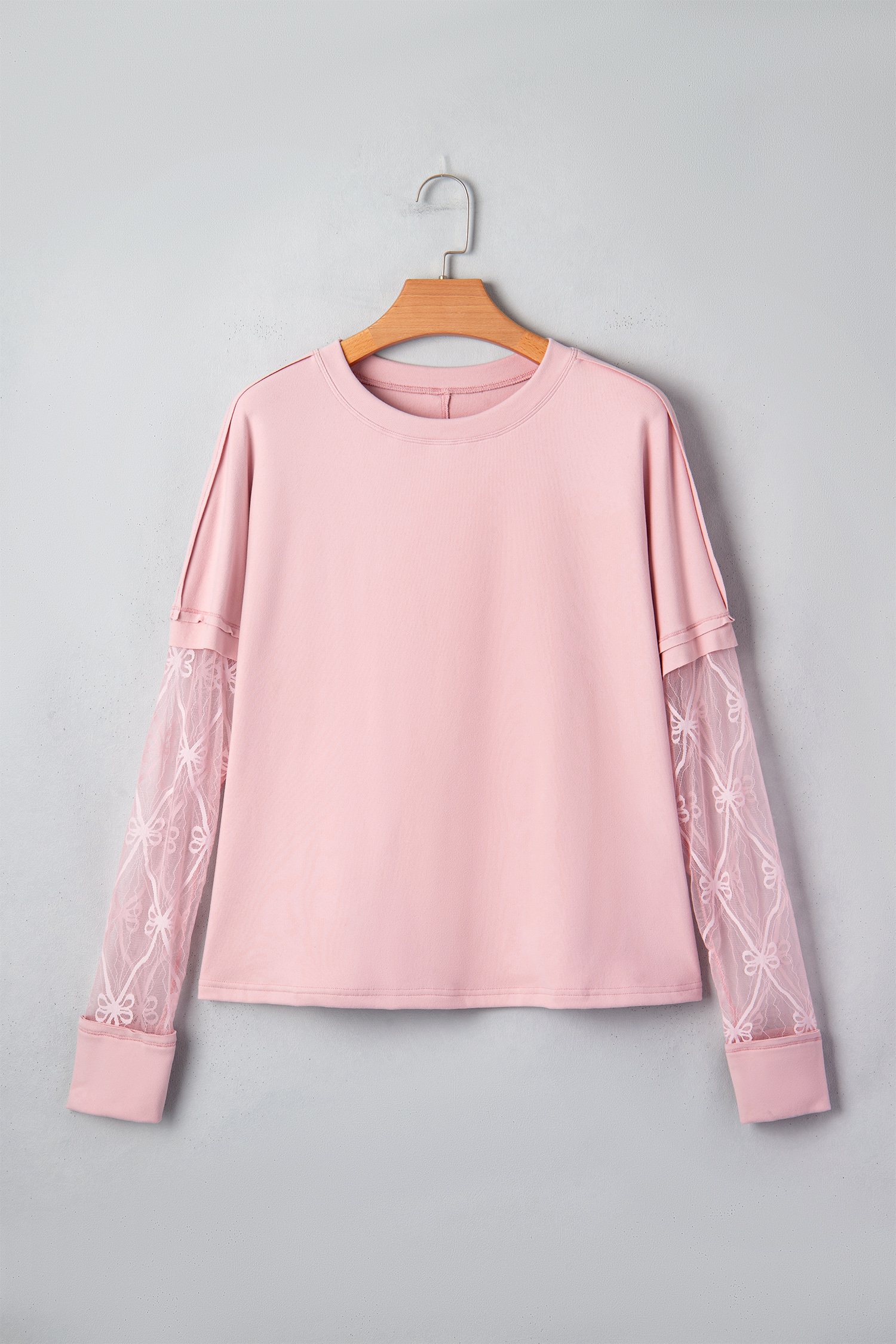 Light Pink Solid Color Bow Textured Patchwork Long Sleeve Tee - Image 8