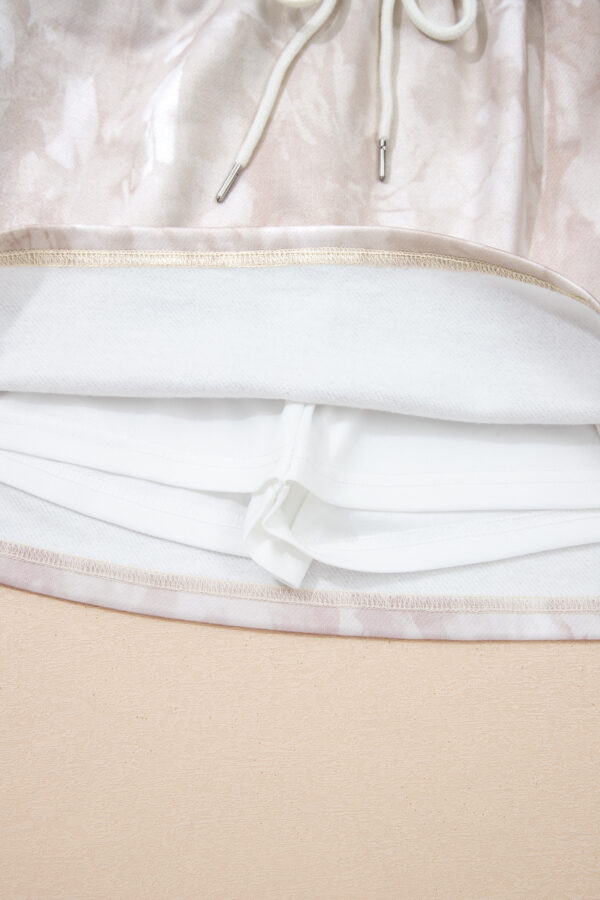 White Abstract Woodland Print Balloon Sleeve Pullover Drawstring Mini Skort Set