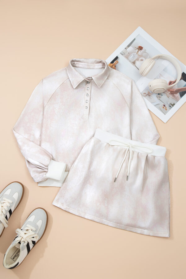 White Abstract Woodland Print Balloon Sleeve Pullover Drawstring Mini Skort Set