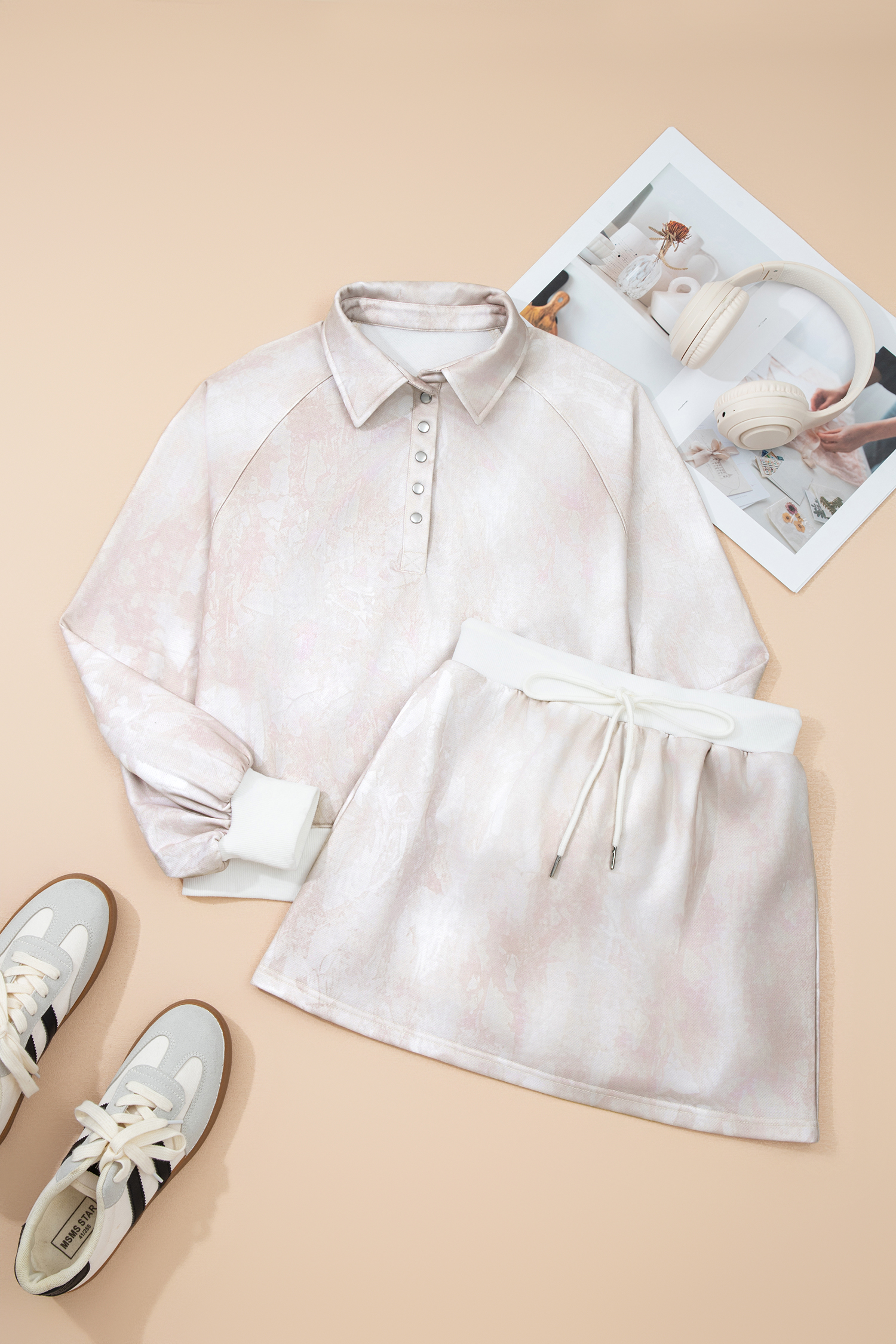 White Abstract Woodland Print Balloon Sleeve Pullover Drawstring Mini Skort Set - Image 6