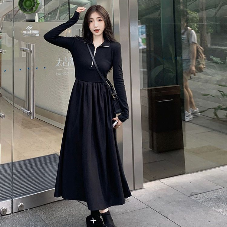 Hepburn Style Black Dress for Women Long Sleeve Fitted Slimming V-Neck Elegant Long Dress - Image 4