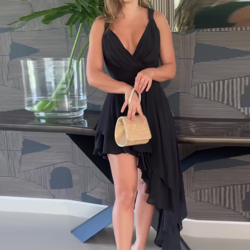 Luxury Low Cut Irregular Ruffled Sling Dress – Celebrity Designer Evening Wear - Image 5