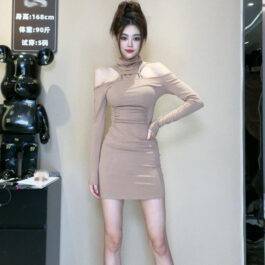 Sexy Autumn/Winter Black Slim Fit Bodycon Dress with Off-Shoulder Choker Long Sleeve Underwear Dress