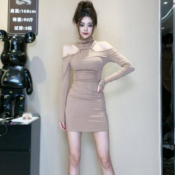 Sexy Autumn/Winter Black Slim Fit Bodycon Dress with Off-Shoulder Choker Long Sleeve Underwear Dress