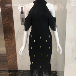 Autumn New Ladies Style Temperament Hanging Neck Strapless Waist Tassel Dress Evening Party Annual Party Dress