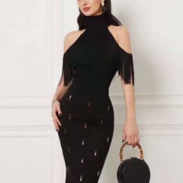 Autumn New Ladies Style Temperament Hanging Neck Strapless Waist Tassel Dress Evening Party Annual Party Dress