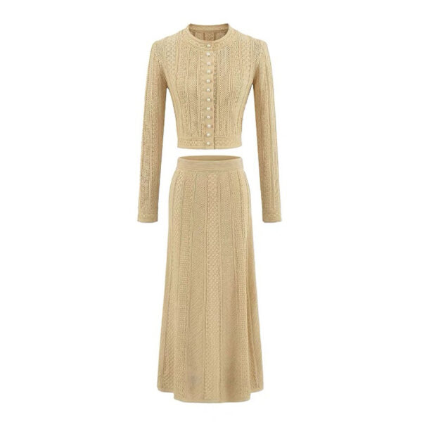 French Elegant Ribbed Gold Hollow Pattern Refined Commute Top + Skirt Set for Women