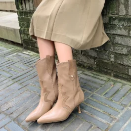 Splicing Genuine Leather Women Mid-Calf Boots