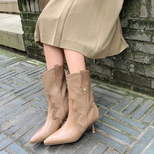 Splicing Genuine Leather Women Mid-Calf Boots