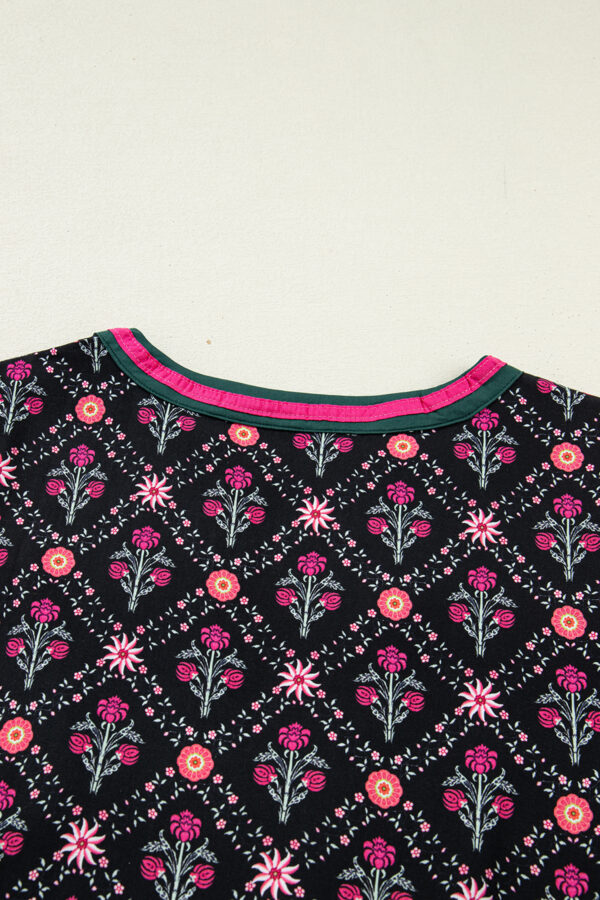 Black Contrast V Neckline Bracelet Sleeve Vintage Floral Blouse