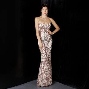 Sequined long evening party dress with elegant flowing silhouette