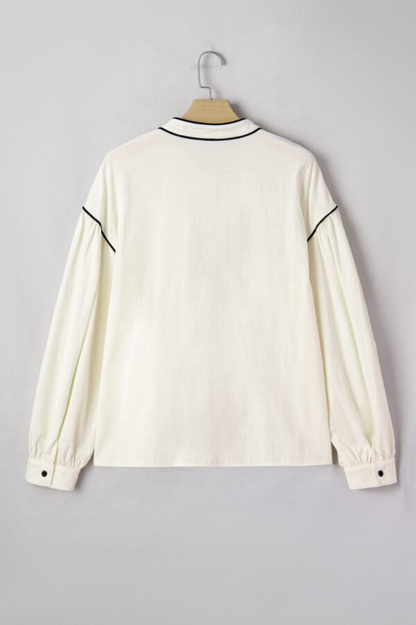Beige Contrast Color Trim Button Down Long Puff Sleeve Shirt