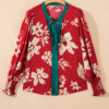 Red Contrast Tied Neck Shirred Puff Sleeve Flower Blouse