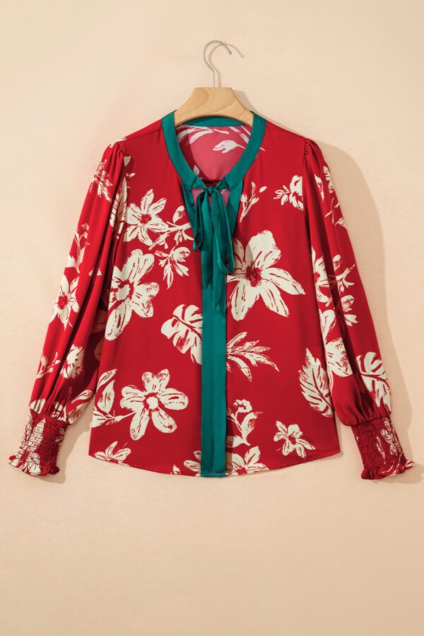 Red Contrast Tied Neck Shirred Puff Sleeve Flower Blouse