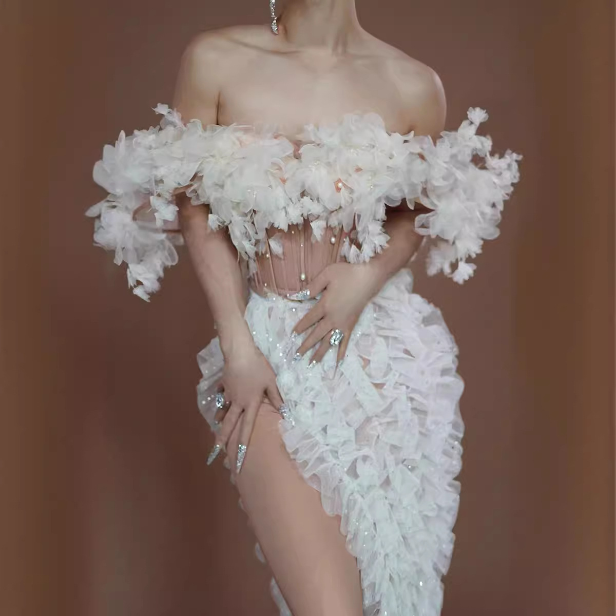 White Mesh High Slit Dress – Elegant Designer Look - Image 6