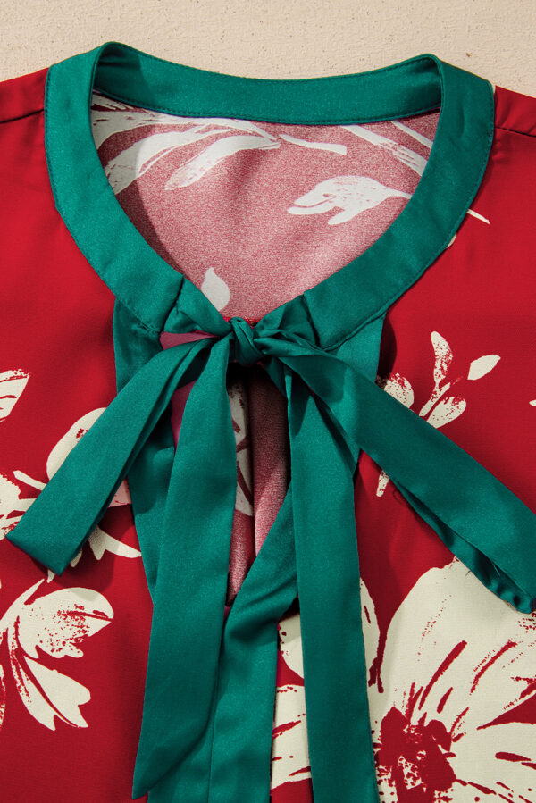 Red Contrast Tied Neck Shirred Puff Sleeve Flower Blouse