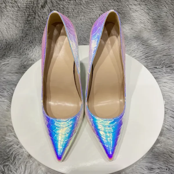 Shiny Silver Crocodile Effect Women Pointy Toe High Heel Shoes