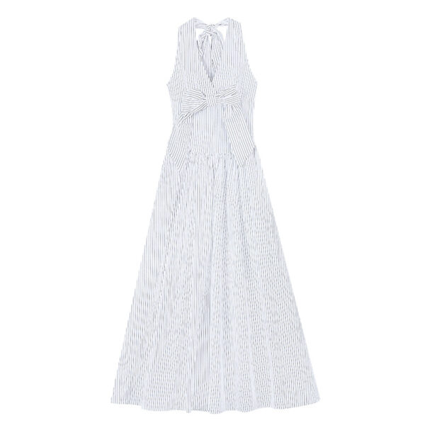 Gentle Style Striped Bow Neckline V-Neck Dress for Women, Summer Beach Vacation A-Line Dress, French Chic Long Dress