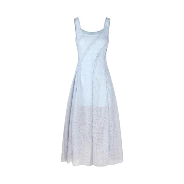 Blue Fitted Strap Long Dress with Square Neck and Textured Fabric, Elegant Waist-Cinching Summer Dress