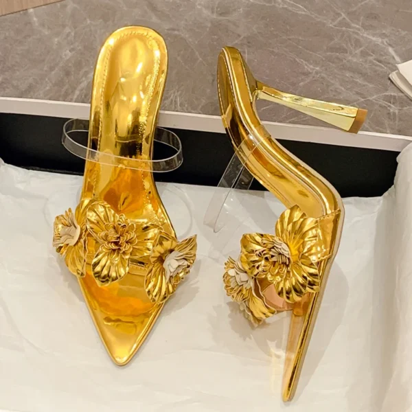 PVC Transparent Flower Sexy Pointed Toes Thin Heels Slippers