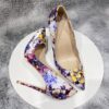 Flowers Paiting Print Glossy Pointy Toe Stiletto Pumps Chic Designer Ladies Slip On High Heel