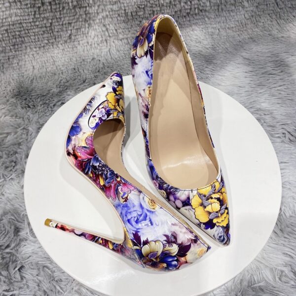 Flowers Paiting Print Glossy Pointy Toe Stiletto Pumps Chic Designer Ladies Slip On High Heel