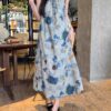 Floral Watercolor Print Strap Dress for Women, Summer Elegant Style, Petite-Friendly, Slim Fit, Long Dress