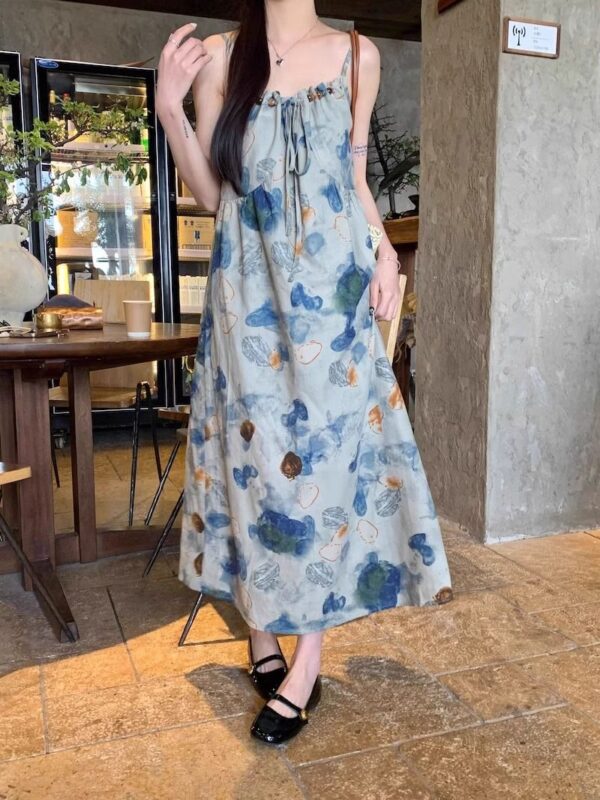 Floral Watercolor Print Strap Dress for Women, Summer Elegant Style, Petite-Friendly, Slim Fit, Long Dress