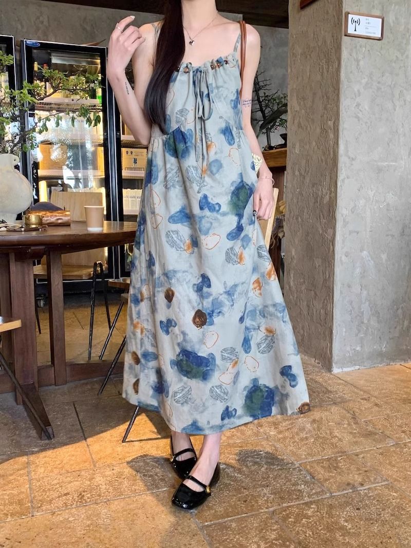Floral Watercolor Print Strap Dress for Women, Summer Elegant Style, Petite-Friendly, Slim Fit, Long Dress - Image 6