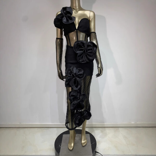 Luxury Black Bandage Skirt Dress with Gloves – Elegant Banquet & Party Formal Look