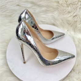 Silver Embossed Crocodile Effect Women Sexy Pointy Toe High Heel