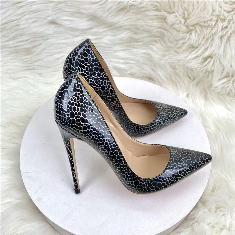 Geometry Pattern Print Women Black Patent Pointy Toe High Heel - Image 4