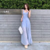 Blue Fitted Strap Long Dress with Square Neck and Textured Fabric, Elegant Waist-Cinching Summer Dress