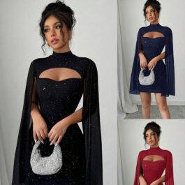 Elegant Women's Knit Striped Pearl Chiffon Cape Sheath Dress with Round Neck