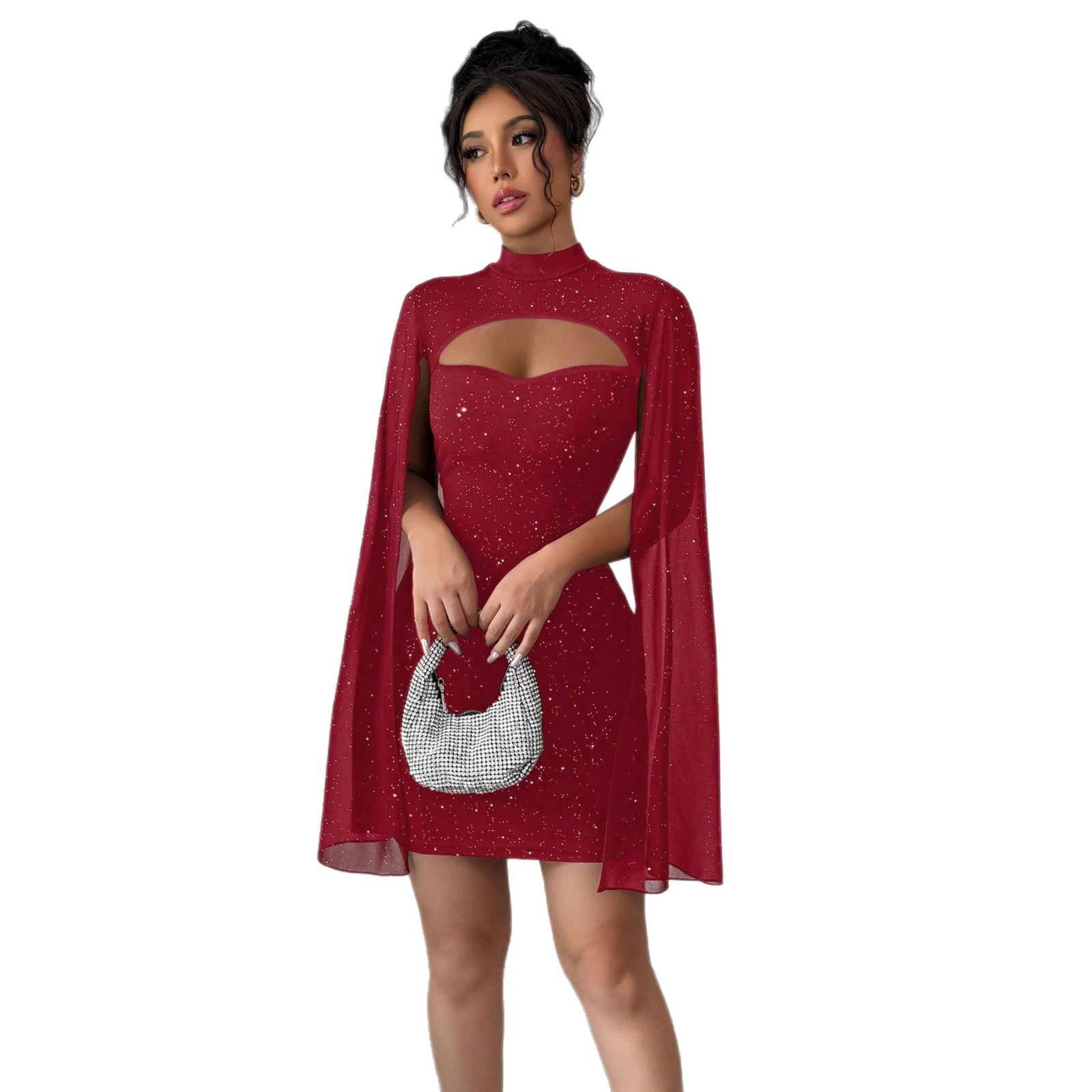 Elegant Women's Knit Striped Pearl Chiffon Cape Sheath Dress with Round Neck - Image 5